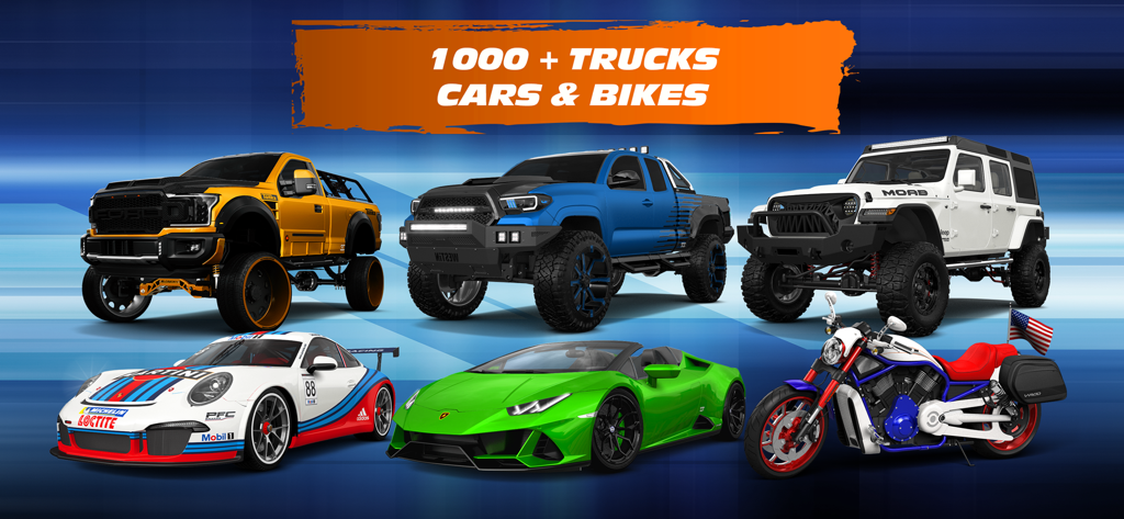 A variety of customized 3D models including lifted trucks, sports cars, and a motorcycle in the 3DTuning app.