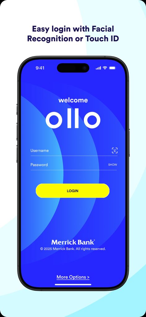 Ollo Credit Card mobile app login screen with fields for username and password
