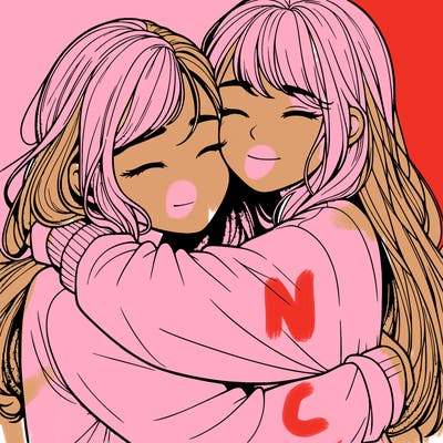 realistic two girls hugging