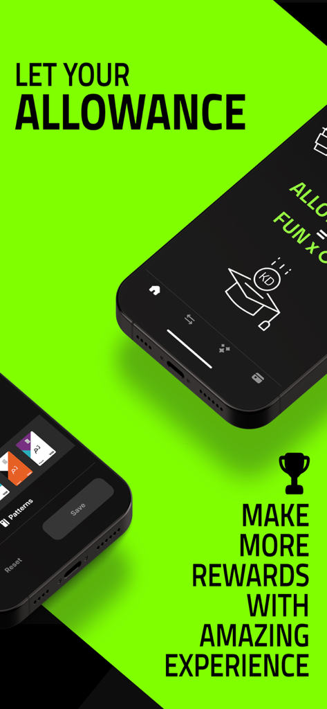 Tam - Digital Banking - Interface do aplicativo Tam Digital Banking mostrando recursos de rastreamento de recompensas e mesada em um fundo verde vibrante.