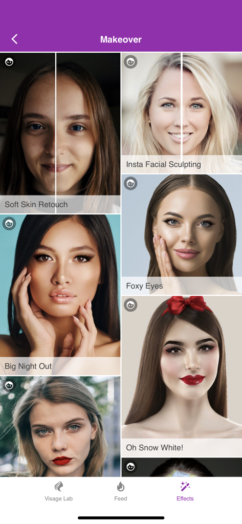 Interface of Visage app showcasing different automatic facial retouching and beauty makeover filters.