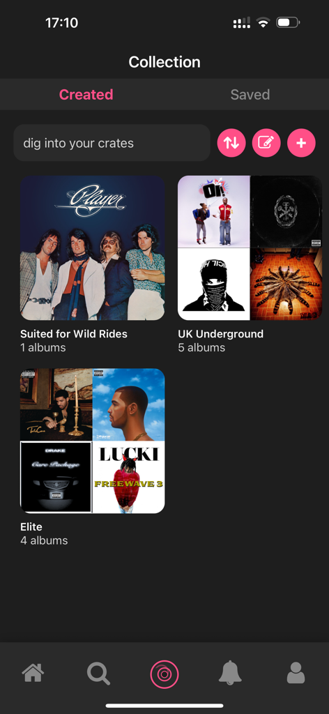 A screenshot of the Crate music app showing the user's personal record shelf and custom crates titled Suited for Wild Rides, UK Underground, and Elite.