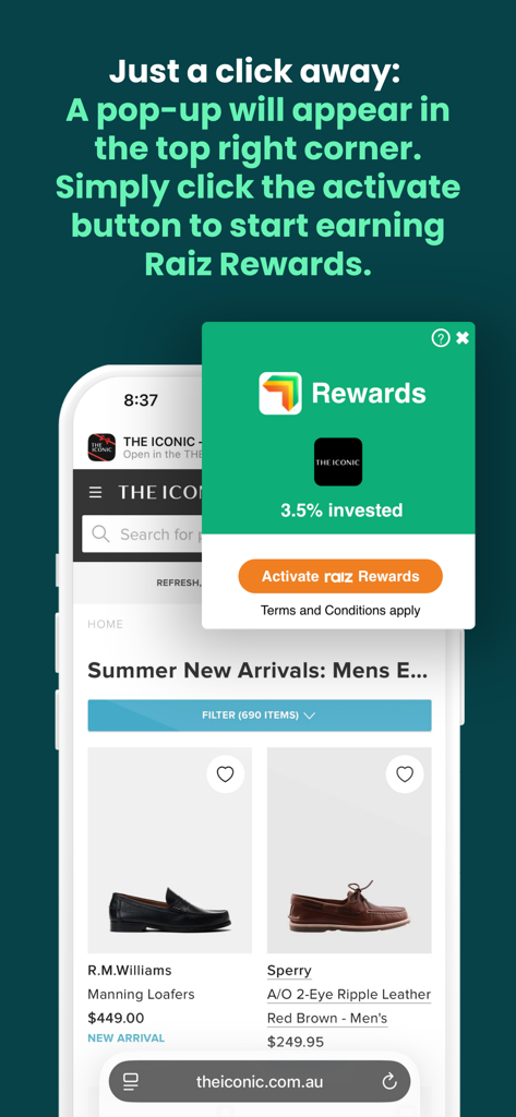Raiz Rewards Browser Extension - Ventana emergente de activación de la extensión del navegador Raiz Rewards que muestra recompensas de inversión en un sitio de compras móvil
