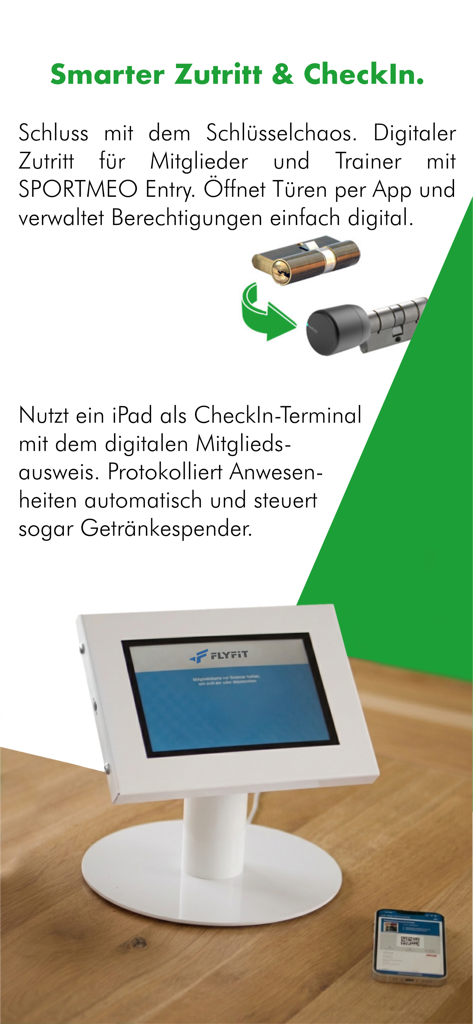 SPORTMEO Kursverwaltung & mehr - A digital check-in terminal on an iPad and a smartphone displaying a membership card for gym access control.