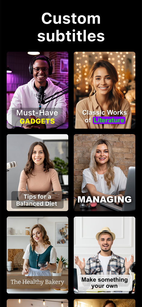 Una muestra de varios estilos y fuentes de subtítulos personalizados para creadores de contenido de vídeo.