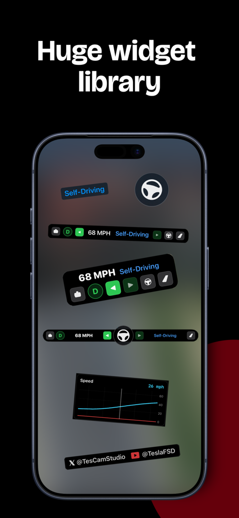 TesCam Studio - A library of customizable telemetry widgets for Tesla dashcam footage including speed displays, steering wheel icons, and driving mode indicators.
