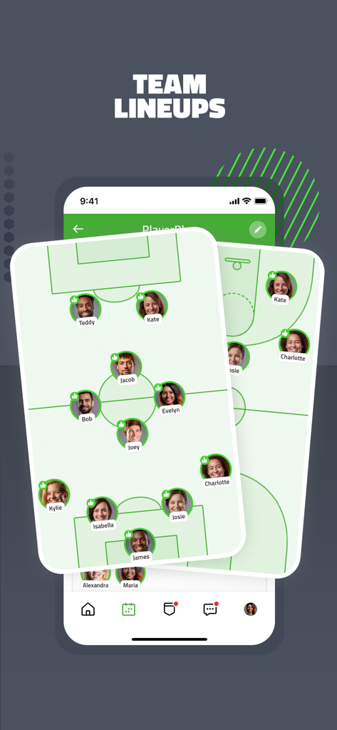 TeamPlus - Team Management - TeamPlus app screen displaying visual sports team lineups for soccer and basketball with player icons