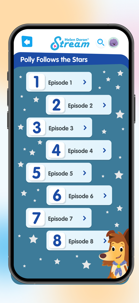 Pantalla de selección de episodios para Polly Follows the Stars en la aplicación educativa Helen Doron Stream