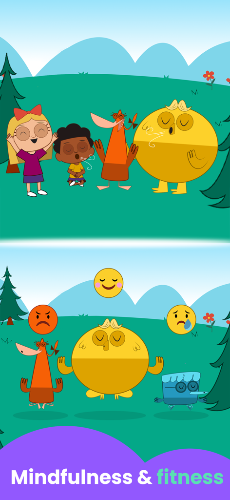 Adventure Games: for Kids - Cartoon characters practicing breathing exercises and identifying emotions in a mindfulness and fitness activity