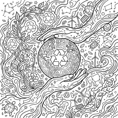 Dive into a spectacular fusion of cosmic nebulae and vital Earth Day themes with this intricate coloring page designed for teens. Celebrate environmental protection by bringing to life recycling symbols, lush nature, and celestial elements.