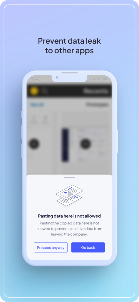Prisma Browser - Prisma Browser security feature showing a data leak prevention warning on a mobile screen.