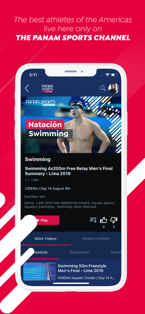Panam Sports Channel - Interface de l'application mobile Panam Sports Channel affichant un extrait vidéo d'une compétition de natation.