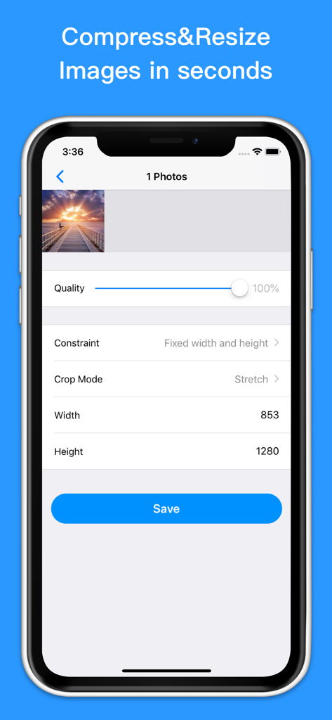 Interface de aplicativo móvel para redimensionar e comprimir imagens com configurações de qualidade e dimensões