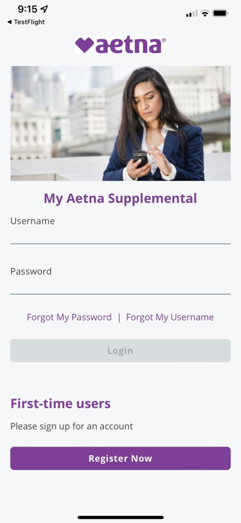 My Aetna Supplemental - Login screen for the My Aetna Supplemental app with username and password fields and a register now button.