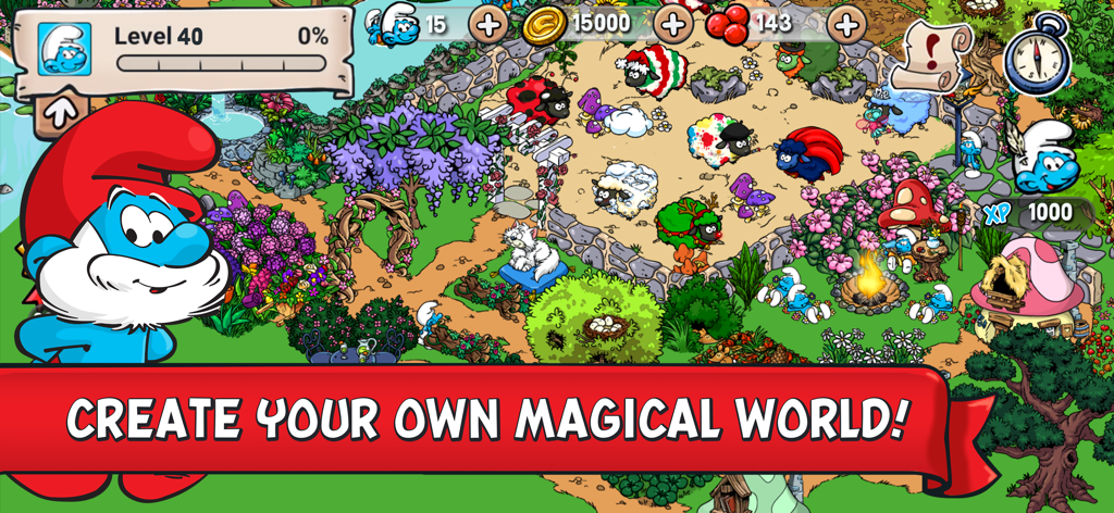 A colorful Smurfs Village gameplay screen showing a customized village with Smurfs and colorful sheep
