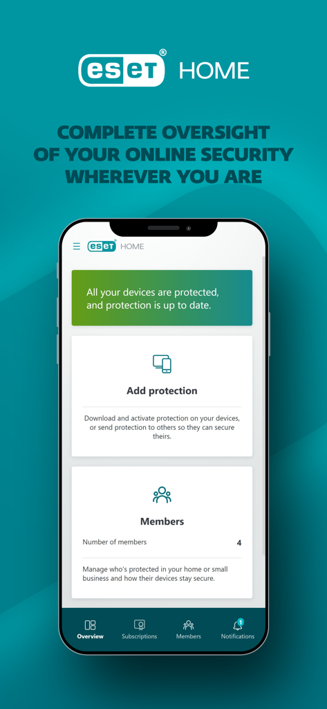 ESET HOME - Panel de la app ESET HOME que muestra una supervisión completa del estado de seguridad en línea y protección de dispositivos familiares.