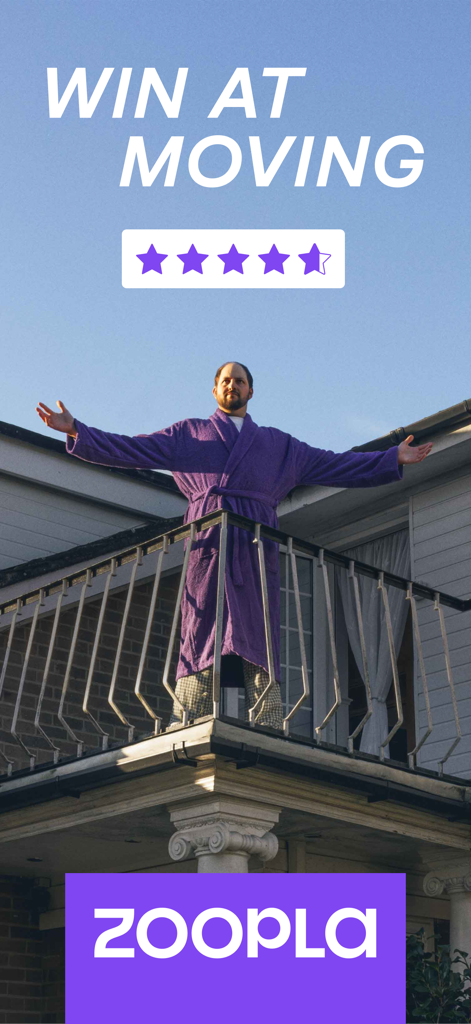 Man in a purple robe celebrating on a balcony with text Win at Moving and Zoopla logo
