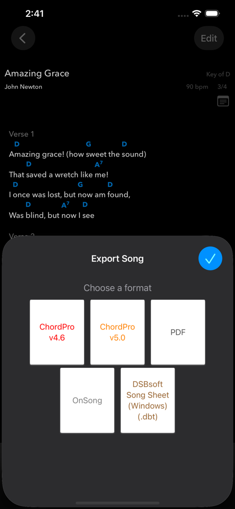 SongSheet Pro School Edition - El menú de exportación de canciones en SongSheet Pro que muestra varias opciones de formato, incluyendo ChordPro y PDF.
