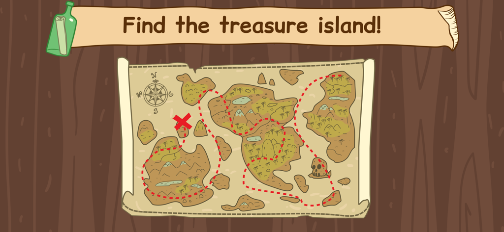 Eine Piratenschatzkarte, die den Weg zu einer versteckten Insel im Kid-E-Cats-Meeresabenteuerspiel zeigt