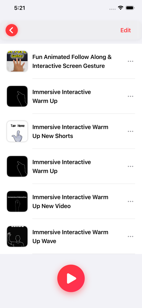 Immersive Interactive Workout - A minimalist interface showing a list of workout videos including warm ups and interactive gestures.