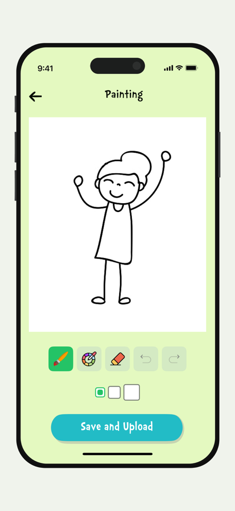Ai Animation: Animate Drawings - Interfaz de la aplicación móvil que muestra el dibujo de una niña realizado por un niño con herramientas de pintura digital y un botón de guardar
