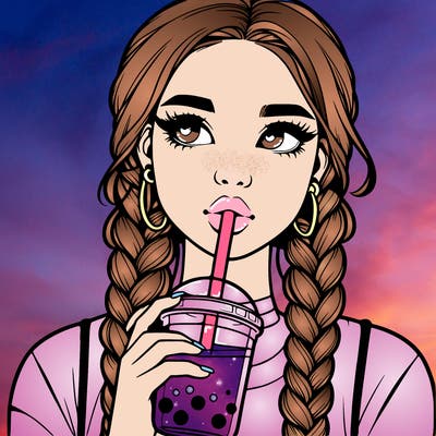 realistic girl with braided hair drinking boba