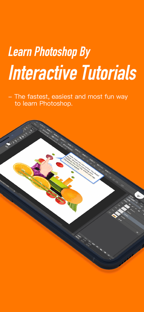 Tutorials for Photoshop CC - Pantalla de smartphone mostrando un tutorial interactivo de Photoshop CC con instrucciones de selección de capas