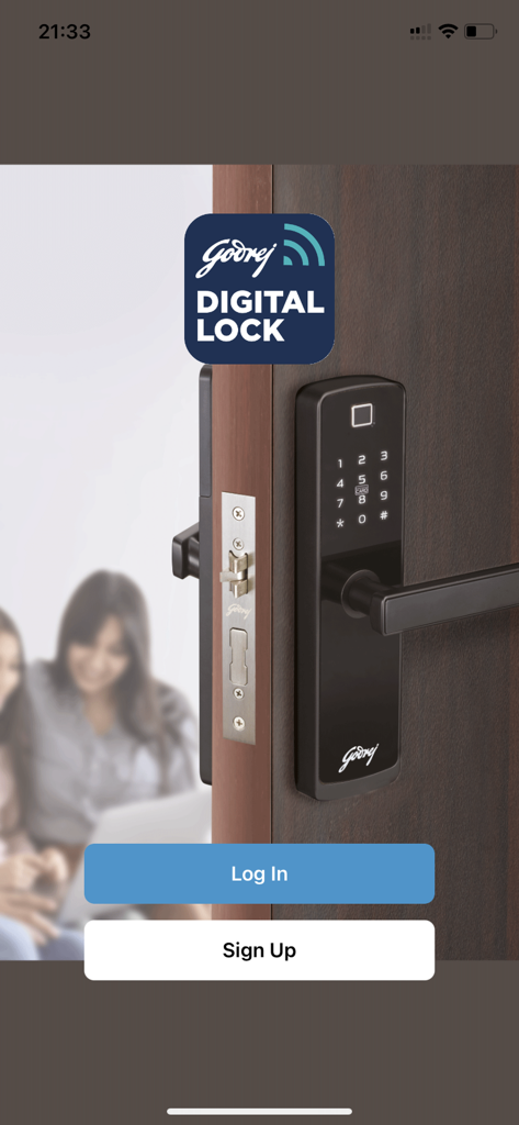 Godrej Digital Lock app login screen showing a smart door lock