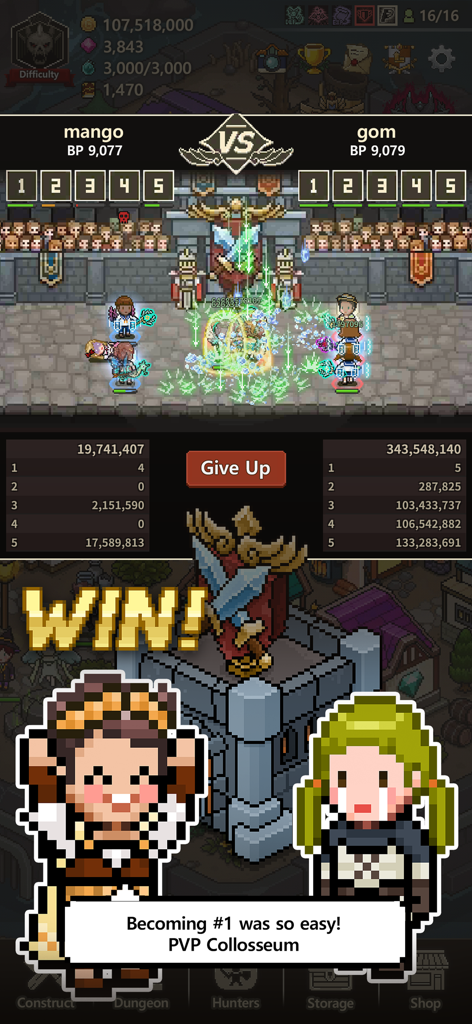 Evil Hunter Tycoon - Evil Hunter Tycoon PVP Colosseum win screen with pixel art characters
