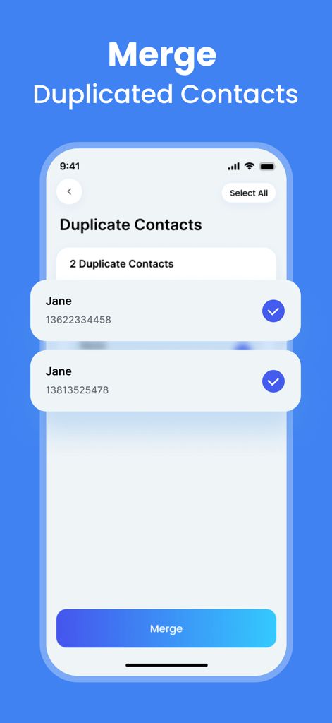 Cleaner AI - Free Up Storage - Screenshot of Cleaner AI app interface for merging duplicate contacts on iPhone