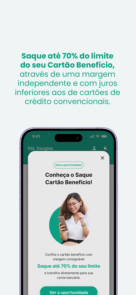 Interfaz de la aplicación Konsi promocionando el retiro de tarjeta de beneficios con tasas de interés más bajas