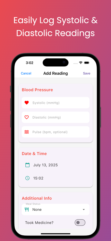 Blood Pressure Log Max - Smartphone screen showing the Add Reading interface for logging systolic and diastolic blood pressure