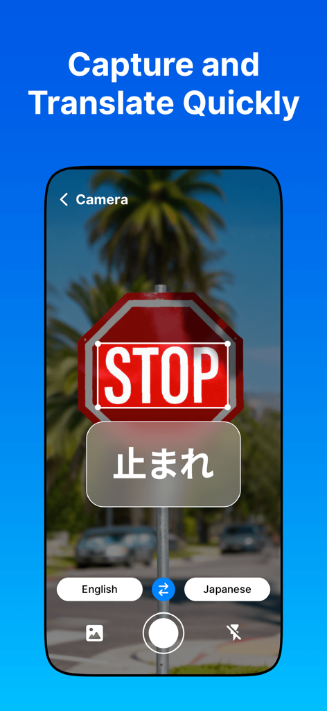 Translator・Photo Translator - Mobile app interface showing the camera translation feature converting an English stop sign into Japanese text