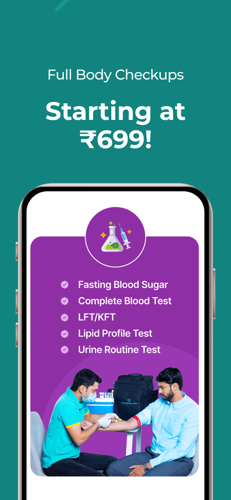 PharmEasy app screen promoting full body health checkups starting at 699 rupees with a list of included lab tests and an image of a home sample collection