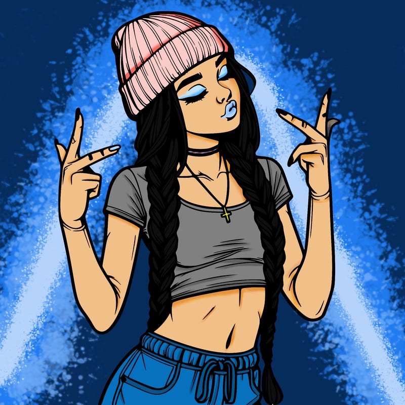 realistic teenage girl with braids and a beanie and crop top doing 🫶🏼