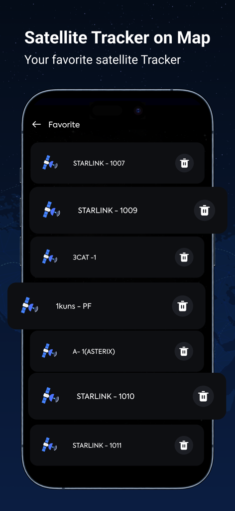 Satellite Tracker & Finder - Screenshot der Favoritenliste für Satelliten in der Satelliten-Tracker-App, die Starlink-Satelliten zeigt