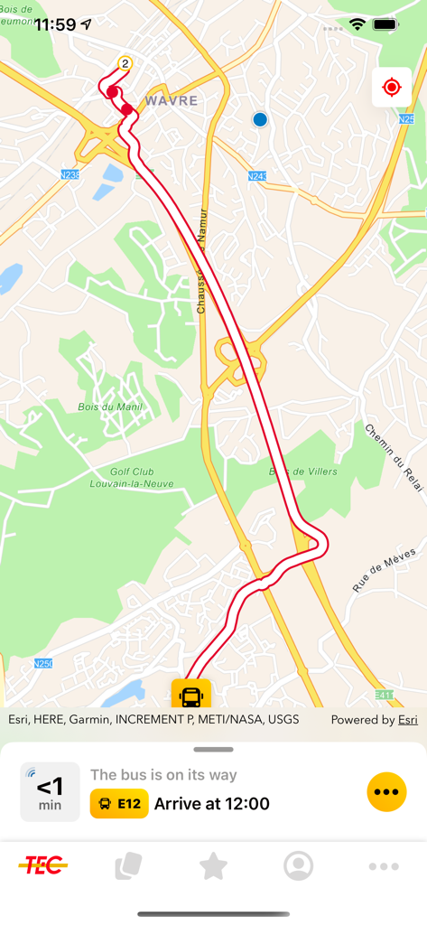 Map view in the TEC app showing real-time bus tracking and arrival information in Wavre Belgium