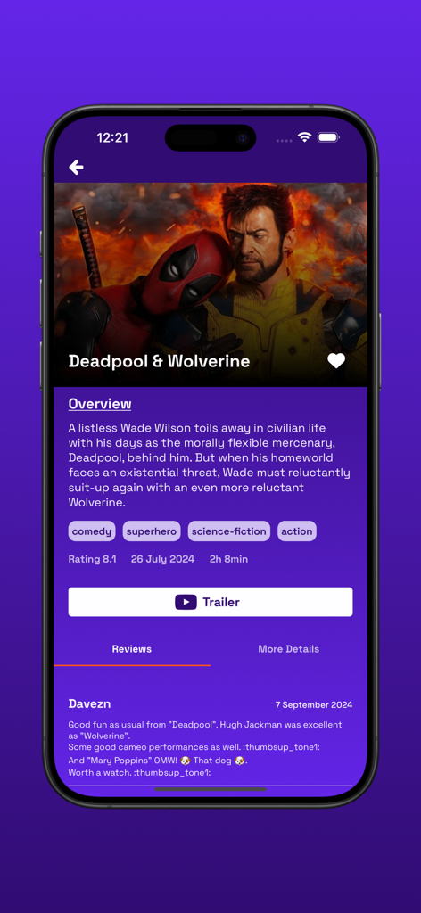 Interface de l'application GO-Movies montrant les détails et les critiques des utilisateurs pour le film Deadpool et Wolverine.