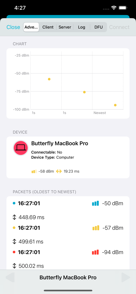 nRF Connect mobile app displaying a live RSSI chart and packet log for a Bluetooth device