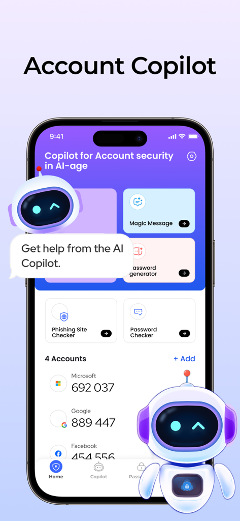 Interface de Authenticator App plus montrant l'IA Copilot pour la gestion de la sécurité et de la 2FA
