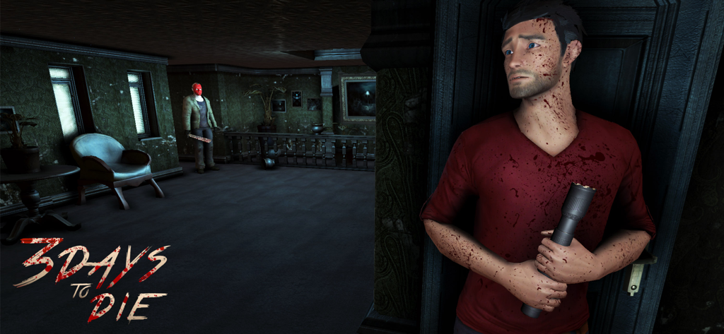 3 Days to Die – Horror Game - A man covered in blood hiding from a masked killer in a dark hallway