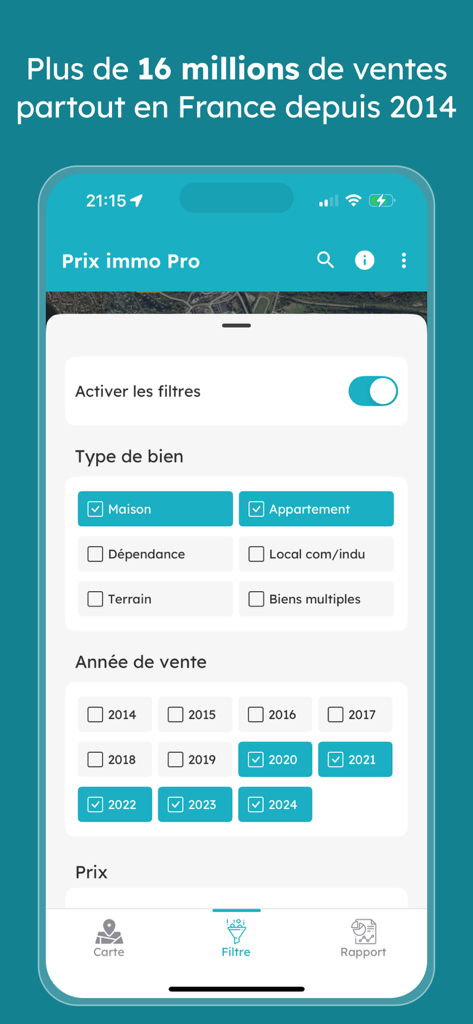 Prix Immo - Vente immobilière - Mobile screen of the Prix Immo app showing property search filters for French real estate including property type and sale year from 2014 to 2024