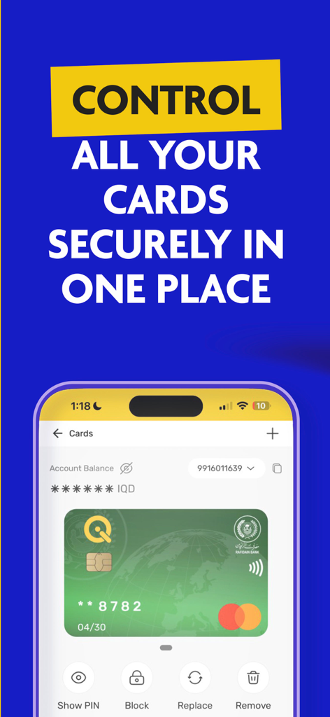 SuperQi app interface showing secure management of payment cards including Mastercard