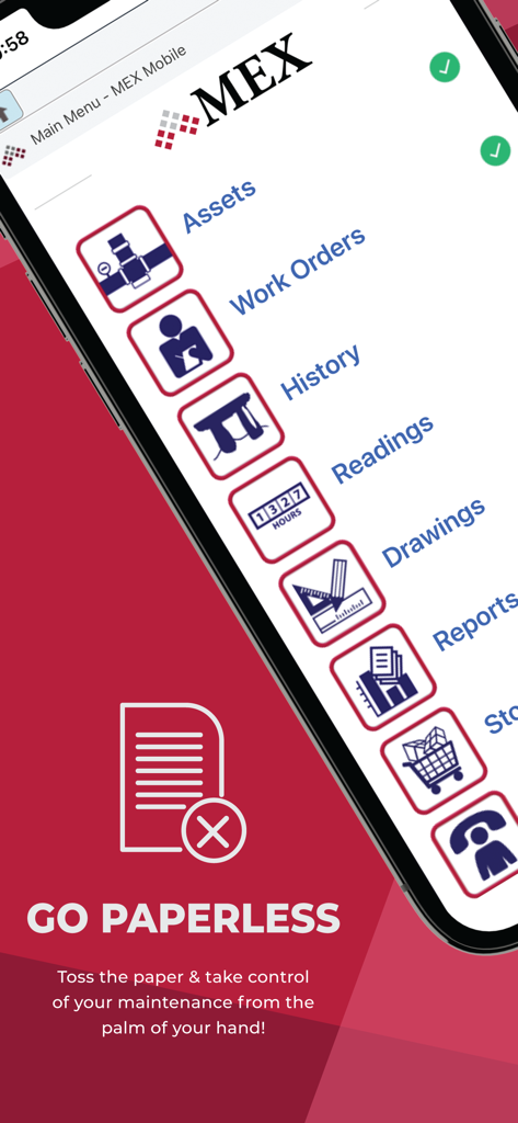 MEX Mobile - MEX Mobile App Hauptmenü mit Arbeitsaufträgen und Anlagenverwaltungsoptionen mit dem Slogan 'Go Paperless'