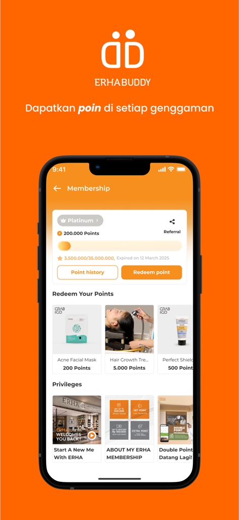 ERHA BUDDYアプリのメンバーシップとロイヤルティポイント画面。プラチナステータスと特典オプションが表示されています。