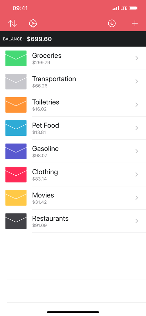 Envelopes: Budget Manager - Interface of the Envelopes Budget Manager app showing a list of virtual budget categories like groceries and transportation with their respective balances