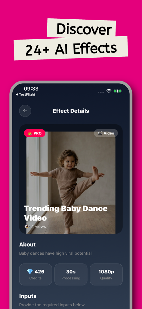 ViralMe AI - Interface de l'application ViralMe AI montrant les détails d'un effet vidéo de danse de bébé tendance