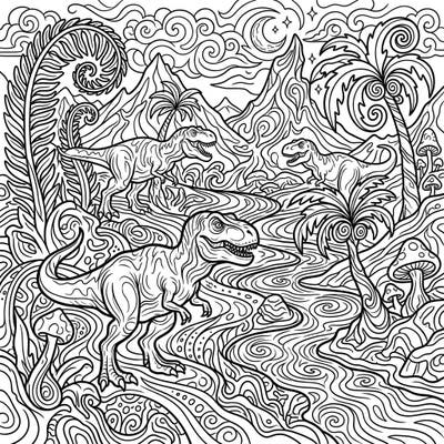 Dive into a mesmerizing prehistoric world with this unique T-Rex habitat coloring page. Experience the thrill of coloring majestic dinosaurs amidst a captivating, psychedelic landscape.