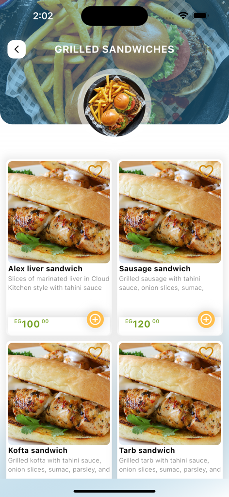 Cloud Kitchen - Uma tela de menu do aplicativo Cozinha na Nuvem exibindo vários sanduíches grelhados com suas descrições e preços.