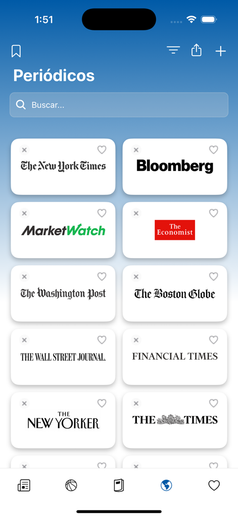 Periódicos de Panamá - Grid display of international news sources including The New York Times and Bloomberg within the Periodicos de Panama app